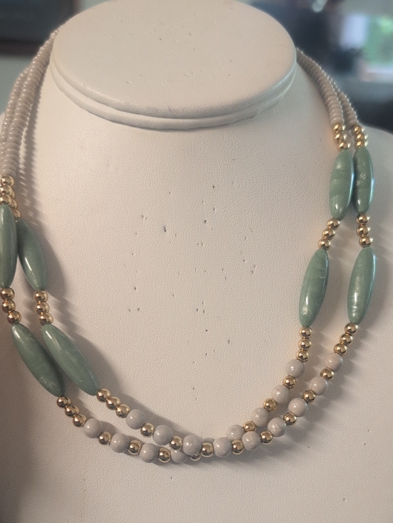 Trifari Jewelry - VTG Trifari Two -Strand Green Bead and Gold Accent Necklace - Women Jewelry